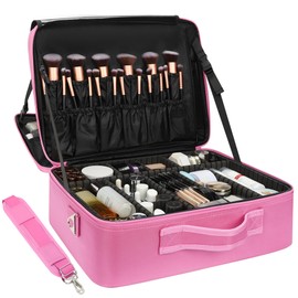 Relavel Extra Large Makeup Case Travel Train Case Professional Makeup Artist Bag Portable Nail Organizer Box Art Supply Case with Adjustable Dividers/Attach to Trolley/Shoulder Strap (Rose Pink)