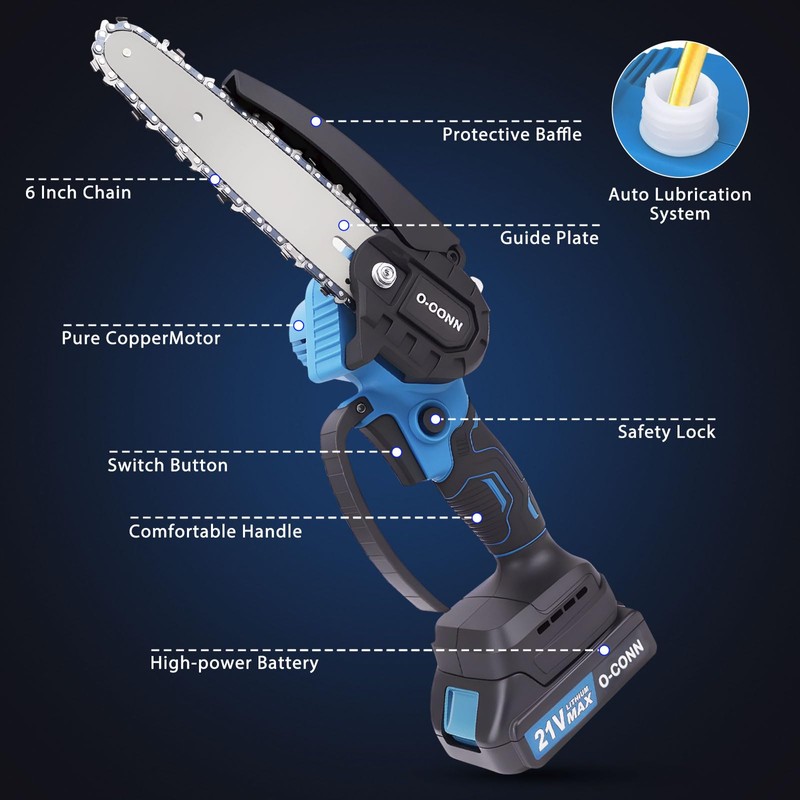 O-CONN Mini Chainsaw Cordless, 6-Inch Portable Handheld Chainsaw with Security