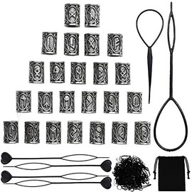 24 PCS Viking Hair Beads Beard Hair Beard Beads 6 PCS Pull Hair Pin Quick Beader 100 PCS Black Rubber Bands and a Bag