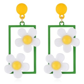CHUNYANAN Elegant Charm Hollow Acrylic Square Daisy Flowers Long Geometric Floral Earrings Fashionable Retro Lovely Sweet Women Jewelry Gift (White Daisy Flowers Earrings)