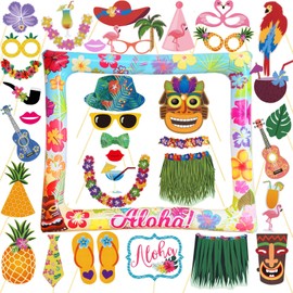 LMSHOWOWO 36 Pieces Hawaii Photo Props Set, Hawaii Inflatable Photo Frame, Summer Photo Box Accessories, Hawaii Theme Photo Booth Props, Aloha Photo Props, for Summer Beach Luau Party Supplies