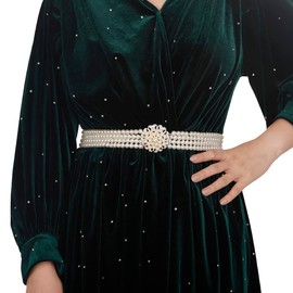 Jumwrit Elastic Pearl Belt for Women Rhinestone Big Pearl Flower Waist Chain Layered Pearl Wedding Dress Belt Sash Off White Round Pearl Bridal Belt（Style 5）