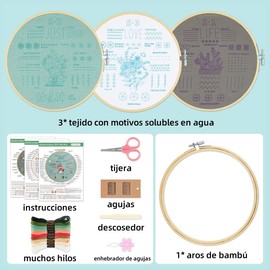 Kit de Bordado DIY, 3 Aros Decorativos con Patrones de Flores y Cactus, 10 Hilos de Colores, Instrucciones y Accesorios