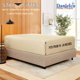 Danielco Home Products Stay Fitted Single Sheet, Fitted Sheet ONLY! Stay Fit on Mattress with Elastic Straps at Corners, Extra Deep Pocket, Fits 18-24 Inch Mattress, Full – Cream Beige