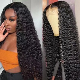 24Inch Deep Wave Lace Front Wigs Human Hair-13x4 HD Transparent Deep Wave Frontal Wigs Human Hair Glueless Curly Wigs for Women 180% Density Curly Lace Front Wigs Human Hair Pre Plucked with Baby Hair