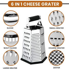 Kitchen Stainless Steel Cheese Grater & Shredder - Vegetable Grater - 6 Sided Box Grater with Sharp Blades - Grater for Kitchen - Non Slippery Rubber Bottom with Large Grating Surface