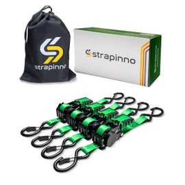 Strapinno 4pcs Retractable Ratchet Straps Bundle 1in x 6ft Ratchet Tie Down with Rubber Coated Steel Handle, S Hooks, Breaking Strength 1500 lbs Each (Green Strap, Black Coated)