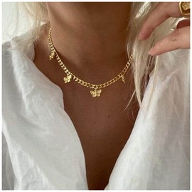 Yheakne Vintage Curb Chain Necklace Gold Butterfly Dangle Necklace Retro Butterfly Curb Necklace Thick Flat Chain Choker Necklace Jewelry for Women and Girls