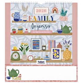 2026 Family Calendar UK – Tearooms Design – 3 Column Family Organiser Month to View Wall Planner & Dry Wipe Memo Board – Hanging Wall Calendar for 3 People – with UK Bank Holidays & Notes Section