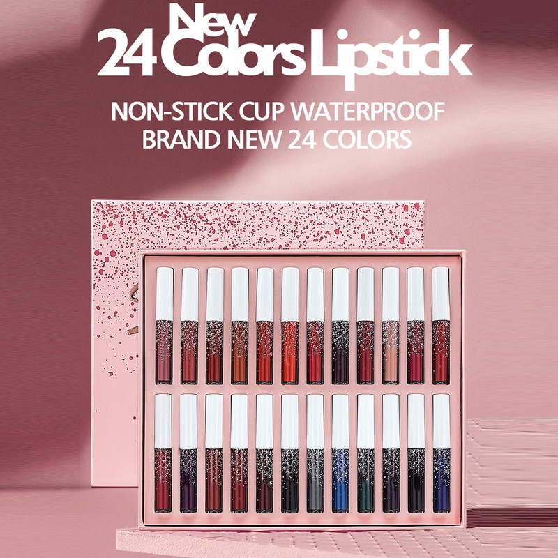 24pcs LANGMANNI Matte Lip Glaze Set Waterproof NonStick Cup Lip