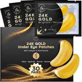 AURAE 24K Gold Under Eye Gel Patches (30 Pairs) - Masks for Puffiness & Dark Circles - Gold Mask for Under Eye Care