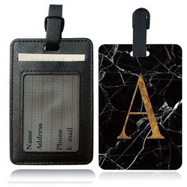 Marble Letter Pattern PU Leather Luggage Tag, 1 Count Durable Suitcase ID Card Holder, Business Cards Waterproof Organizer Case, Unique Letter Theme Travel Accessories - Color: Black, Specification: K