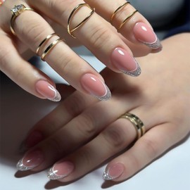 Tyuimhx Glitter French Tip Press on Nails Medium Almond Fake Nails Full Cover False Nails Reusable Stick on Nails Acrylic Glossy Artificial Nails for Women Girls Glue on Nails 24Pcs