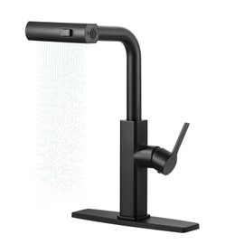 Kitchen Faucet with Pull Down Sprayer: ALEASHA Waterfall Kitchen Faucet with 3 Function Pullout Sprayer, Brass Core Single Handle Faucet, 360°Rotatable Black Single Hole Sink Faucets for Modern
