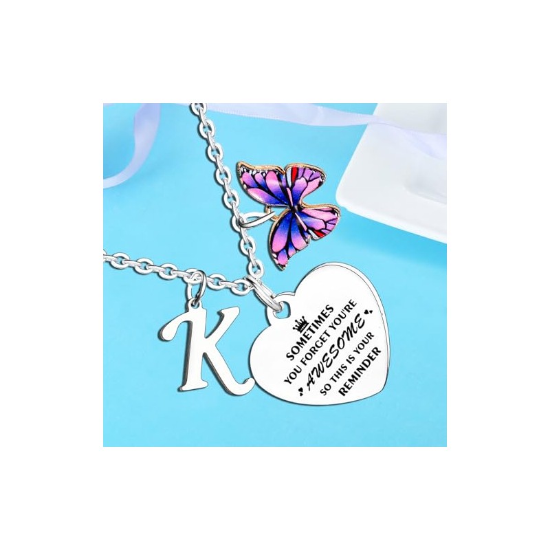 Inspirational Necklace with Initial You Are Awesome Necklace Butterfly Charm