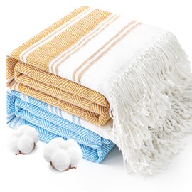 2 Packs Oversized Cotton Turkish Beach Towels Set Bulk 74"x38" Extra Large Sand Free Quick Dry Clearance Swim Bath Camping Pool Towel Travel Blanket Adult Cruise Essentials Accessories Khaki Blue