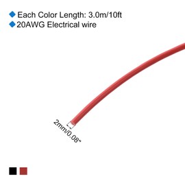 sourcing map 20 Gauge PVC Hookup Wire 3.0m/10ft 20AWG Flexible Electrical Wire UL1007 Tinned Copper Stranded Black Red, 2mm Dia for Model Aircraft Electric Appliances Internal Connect