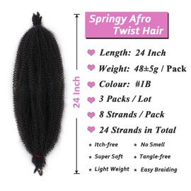 Samtress Springy Afro Twist Hair 24 Inch Pre Fluffed Popping Spring Twist for Soft Crochet Locs 3 Packs Natural Black Marley Twist Braiding Hair Extension (#1B)