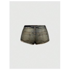 Verdusa Women's Grunge Rhinestone Jean Shorts Distressed Denim Micro Shorts with Pockets Multicolor Large