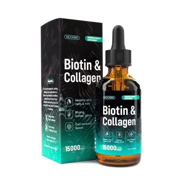 MOONRIN Biotin and Collagen Liquid Drops 15000mcg – Natural Hair Skin Nails Vitamins – Support Fast Hair Growth – Collagen 10000mcg, Biotin 5000mcg – Rapid Absorption – 2 Fl Oz