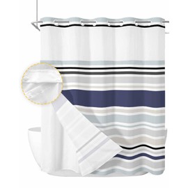 EwdeWwo No Hook Striped Shower Curtain with Snap in Liner, Navy Blue and Gray Shower Curtain for Bathroom Waterproof Modern Stripe Bath Curtain with See Through Mesh Top Window, 72" x 78"