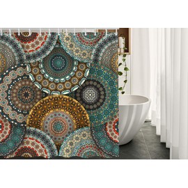 Moslion Bohemian Shower Curtain Set Colorful Vintage Floral Mandala Flower Aztec Boho Bathroom Shower Curtain Home Decorative Waterproof Polyester Fabric with Hooks 72x72 Inch