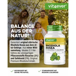 Echter Rhodiola Rosea Extrakt - 120 Kapseln mit 500 mg - Premium Rohstoff: 3% Rosavin & 1% Salidrosid - 100% Rosenwurz Wurzel Extrakt - Hochdosiert - Vegan