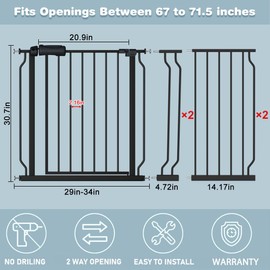 Flower Frail Extra Wide Baby Gate 67-71.5 Inch Wide Walk Through Pressure Mounted Auto Close Large Long Tension Gate for Dog and Cats Black