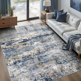 Area Rugs 5x7 for Living Room: Washable Rug Modern Abstract Neutral Soft Non-Slip Low-Pile Indoor Carpet for Bedroom Dining Room Playroom Home Office (Blue Grey Brown, 5'x7')