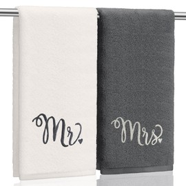 Tingjoo 2 Pcs Mr. and Mrs. Hand Towels 100% Cotton Embroidered Bathroom Towel Wedding Mr. and Mrs. Gift for Couple, Anniversary Bathroom Decor 29 x 13 inch