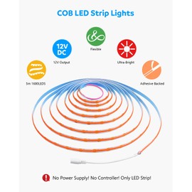 Aclorol LED COB Light Strip Flexible 12V for Bedroom 1600LEDs/5M TV Cabinet Other DIY Lighting (Power Supply and LED Dimmer Not Included)