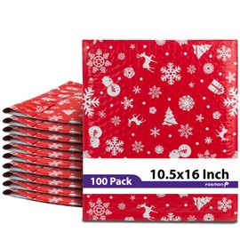 Fosmon #5 Christmas Poly Bubble Mailer 10.5 x 16 inches (100 Pack), Lightweight Water/Dust/Shock/Tear Resistant Padded Shipping Envelopes - Xmas Red White Snow