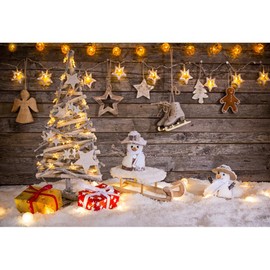 YongFoto 3x2m Photography Backdrop Christmas Tree Gifts Sleigh Snowman Shining Lights Wood Plank Heavy Snow Xmas Photo Background Backdrops Photography Video Party Kids Wedding Photo Studio Props