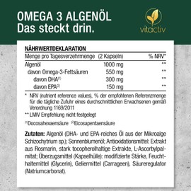VITACTIV Omega 3 Algae Oil Capsules - Pack of 60 - Marines Omega3 Vegan, High Dose with 1000 mg Microalgae Oil per Daily Dose - 450 mg Omega-3 Fatty Acids DHA & EPA (2:1) - Heart, Brain, Eyes