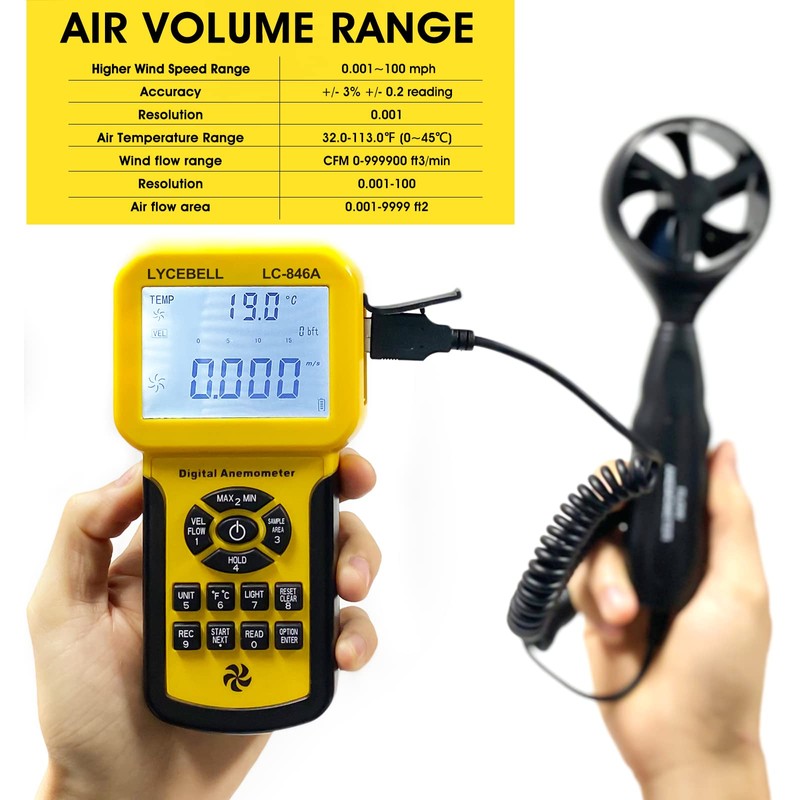 LYCEBELL LC-846A Pro Anemometer, Wind Speed Meter, Wind Velocity Airflow