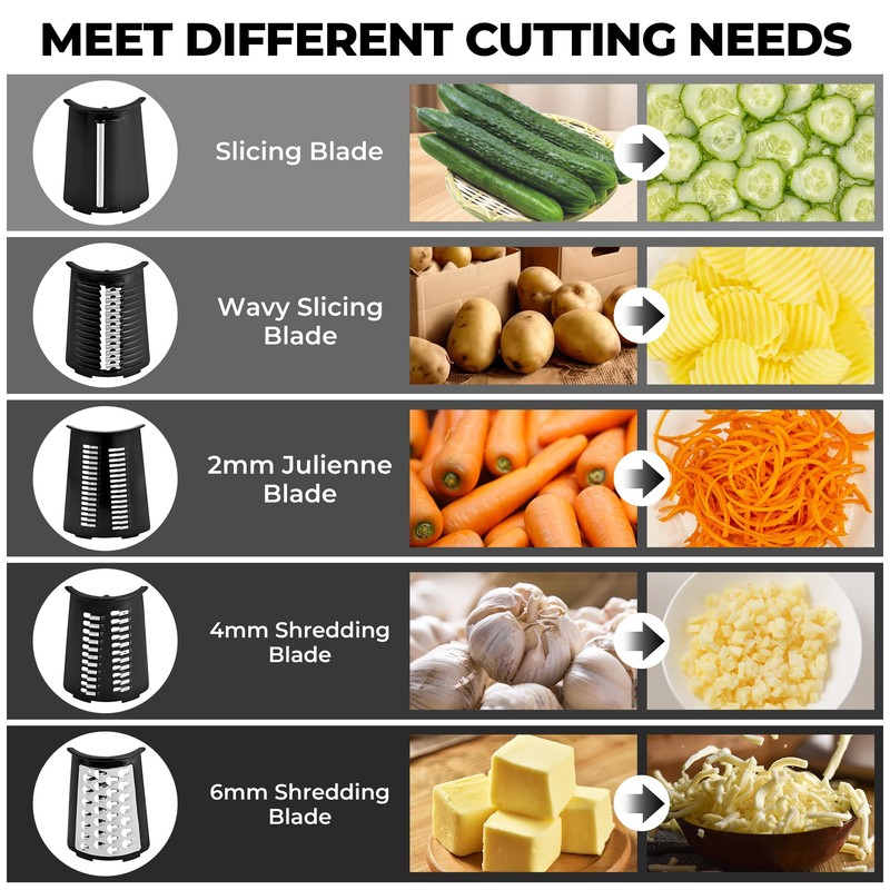 SUSTEAS Rotary Cheese Grater with Handle,Vegetable Slicer with 6 Interchangeable