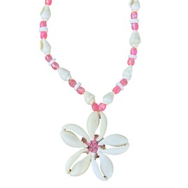 BlueRica Cowrie Shells Flower on Nassa & Puka Shell Beads Necklace (Pink & White Nassa)