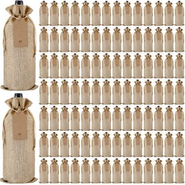 Windyun 100Pcs Burlap Wine Bags Drawstring Wine Bottle Gift Sacks with Tags 5.9 x 13.8 Inch Jute Burlap Plain Wine Bags for Wedding Birthday Blind Tastings Christmas Travel Party (Natural Color)