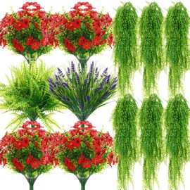 Thiccywoov 26 Pcs Outdoor Plastic Plants Bulks Artificial Faux Flowers UV Resistant Lavender Artificial Flowers Boston Fern Outdoors Hanging Plants Fern Vine for Indoor Home Patio Decor (Sunset Red)