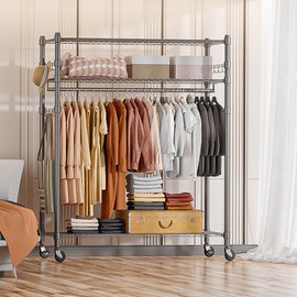Homdox 3-Tier Garment Rack, Heavy Duty Clothing Wire Shelving, Rolling Free Standing Closet with Lockable Wheels, 1 Hanging Rod and 2 Pairs Side Hooks, Gray