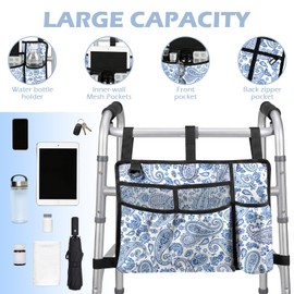 Walker Bag with Cup Holder, Flowers Walker Accessories for Seniors Detachable, Flowers Foldable Walkers Basket with Big Capacity, Armrest Accessories for Folding Walkers Rollators