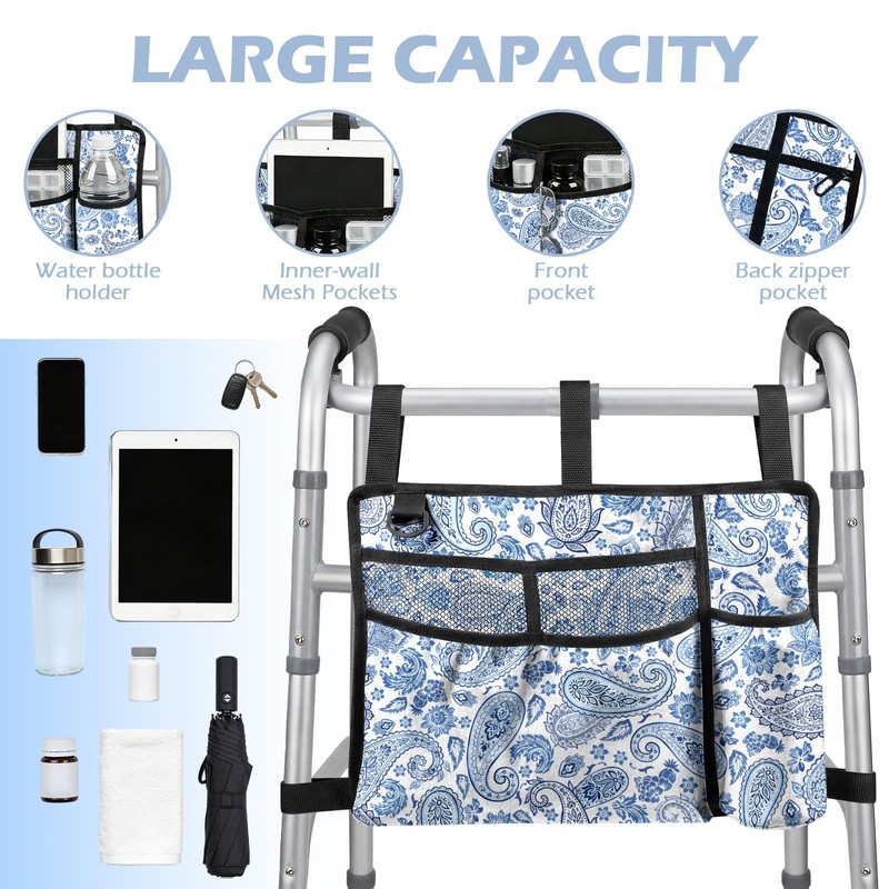 Walker Bag with Cup Holder, Flowers Walker Accessories for Seniors
