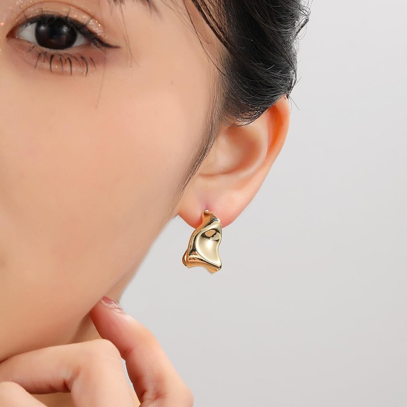 Gold Plated Irregular Hammered Statement Earrings for Women Large Chunky