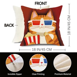 Fjfz World Cinema Movie Decorative Throw Pillow Covers 18 x 18 Set of 4, Now Showing Cat Dog Popcorn Clapper Board Theater Home Decor, Funny Film Tickets Filmstrip Movie Room Couch Cushion Case