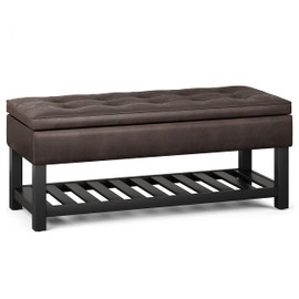 SIMPLIHOME Cosmopolitan 44 inch WideTransitional Rectangle Storage Ottoman Bench with Open Bottom in Distressed Brown Faux Leather, for Living Room, Bedroom