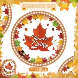 Thanksgiving Fall Paper Plates 7" Autumn Maple Leaf Print Disposable Dessert Plates for Fall Harvest Birthday Wedding Thanksgiving Thanks Theme Party Dinner Tableware Decorations (24 Pcs)