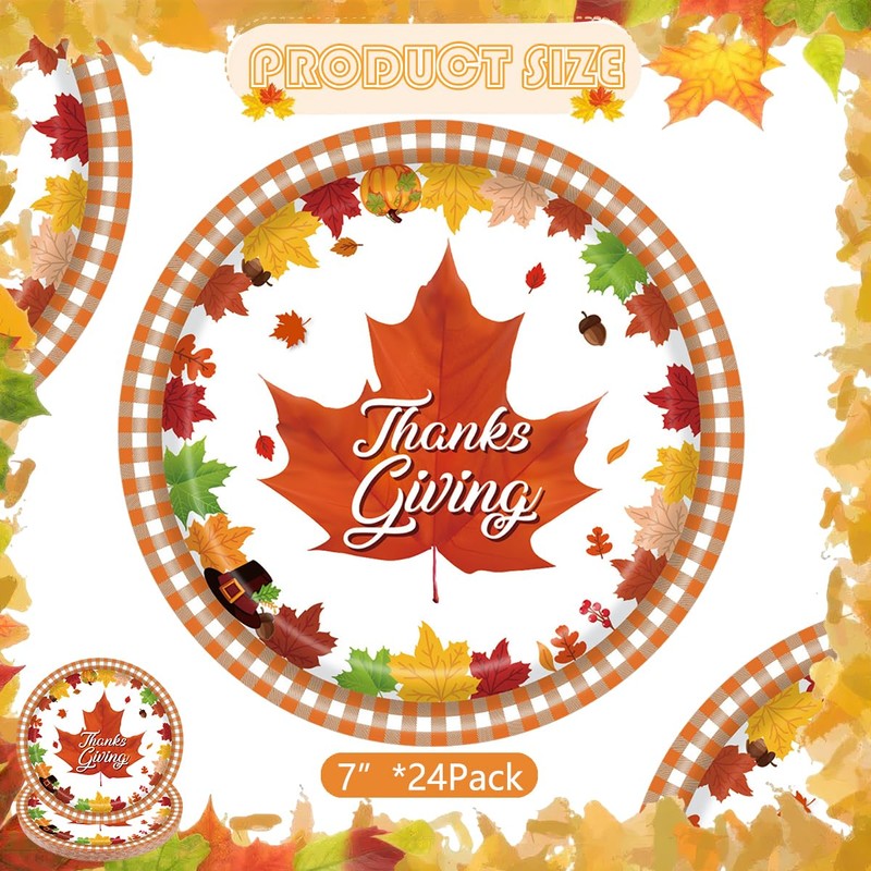 Thanksgiving Fall Paper Plates 7" Autumn Maple Leaf Print Disposable