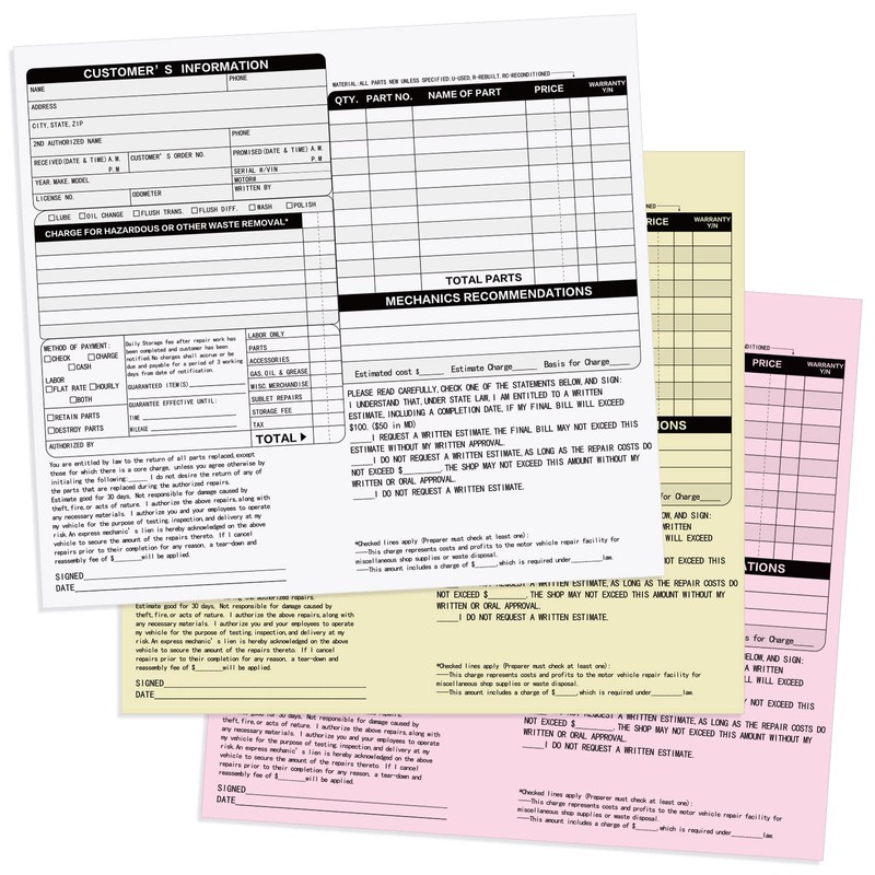 PerKoop 200 Sets Auto Repair Order Forms 3 Part Carbonless