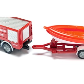 siku 1636, Feuerwehr Unimog mit Boot, 1:87, Metall/Kunststoff, Rot, Feuerwehrauto und schwimmfähiges Boot, Gummireifen, Anhängerkupplung