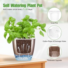 Oliz 4 Pack Self Watering Pots 4-inch Decorative Flower Planters for Indoor Plants Modern Square planters for Small Plants Window Sill Planters for Succulents, African Violets, Herbs(Sliver Gold)